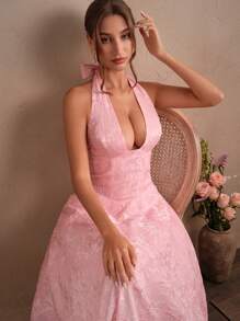 SHEIN Unity Elegant V-Neck Pink Bowknot A-Line Backless Dress, Spring/Summer - Pink - View 4