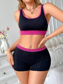 SHEIN Seamless Colorblock Casual & Comfortable Women Underwear Set - Black - View 3