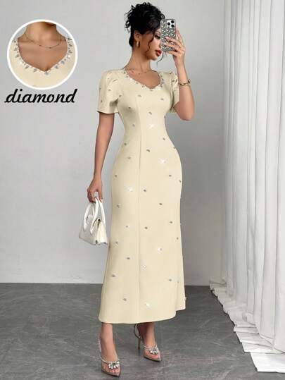 Rafferiza 女士优雅水晶设计泡泡袖长裙，粉色