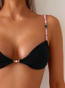 Swim Basics 2pcs Women Sexy Casual Vacation Color Block Pattern Strap Pearl Decor Bikini Set - Multicolor - View 3