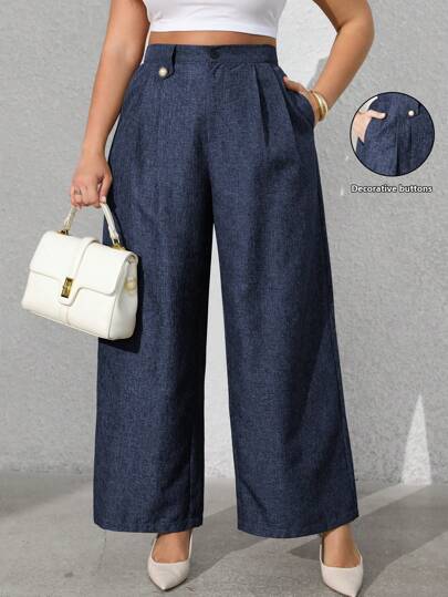 Vionelle 大码女式纯色前扣索环设计休闲裤