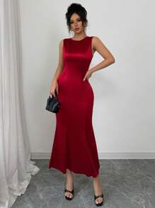 Elenzga Sleeveless Round Neck Lace Hollow Back Bow Mermaid Hem Stretch Satin Fitted Elegant Sexy Dress