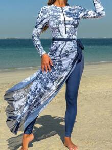 Swim Mulvari Conjunto de burkini de 3 piezas con estampado de palacio en azul y blanco para mujer, que incluye top de manga larga, pantalones y cremallera frontal, elegante y casual para vacaciones y fiestas en la playa