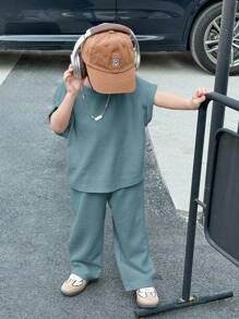 SHEIN Leap Crew 2pcs Kids Young Boys Casual Japanese And Korean Loose Casual Apricot Knit Floral Yarn Pit Stripe Loose T-Shirt Pants Two Pieces Set, Suitable For School, Sports, Vacation, Home And Outdoor, Suitable For Spring And Summer Seasons - Dusty Blue - View 7