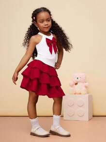 SHEIN CutesyCutie 2pcs Young Girl Plain Knit Sleeveless Top And Mini Skirt Set,Birthday Dresses For Kids,Summer Clothing Sets - Red and White - View 7
