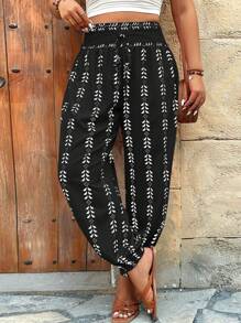 SHEIN LUNE Plus Size Retro Print Elastic Waist Drawstring Casual Vacation Pants Fall Cloth For Women - Black - View 3