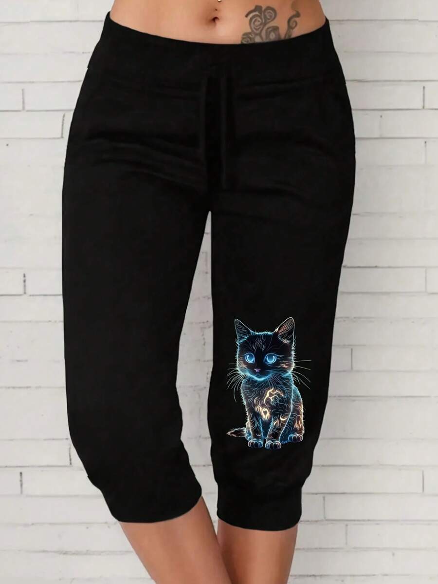 SHEIN LUNE Quần Capri thường ngày in hình mèo cỡ lớn cho nữ có dây rút ở eo - màu đen - Xem 1