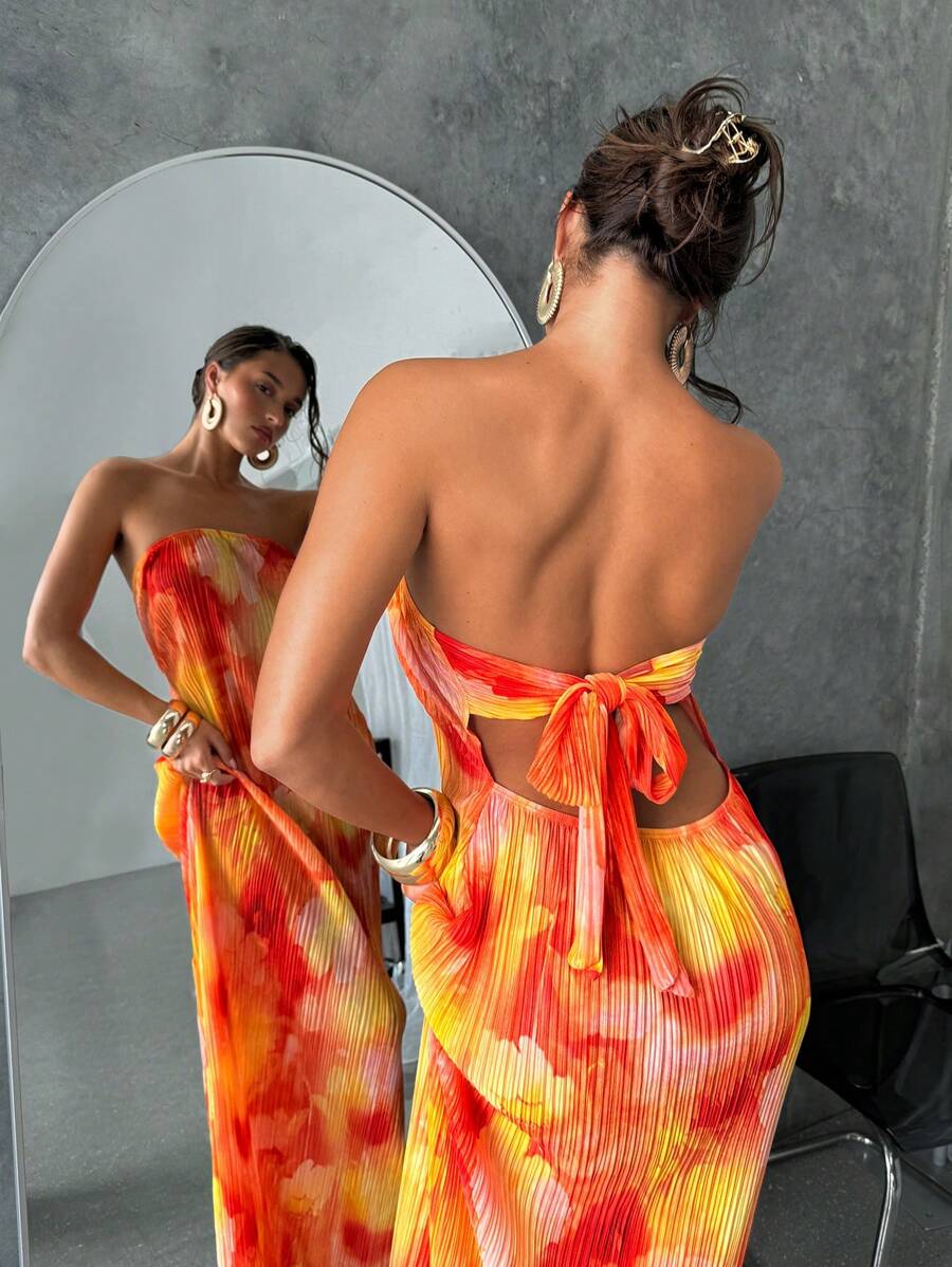 Aloruh 女式无袖印花后背褶饰系带连衣裙