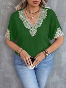 Celure Plus Size Simple Elegant Short Sleeve Shirt, Suitable For Summer - Dark Green - View 1