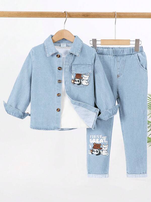 SHEIN Kleine Jungen Cartoon Grafik Jeanshemd & Jeans ohne T-Shirt Jeansset für Kinder