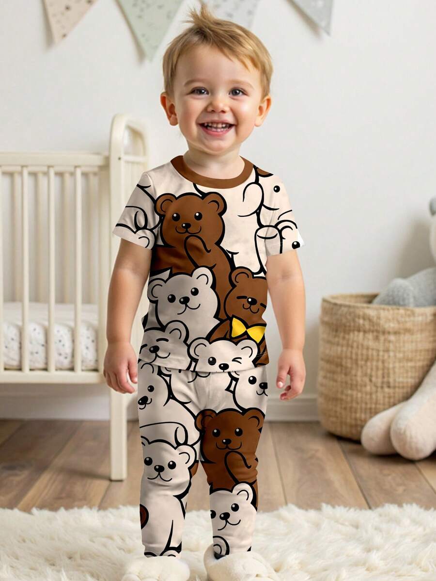 SHEIN 男婴休闲卡通熊印花修身圆领舒适短袖长裤睡衣套装，舒适贴身，适合春夏季 - 彩色 - 查看 1