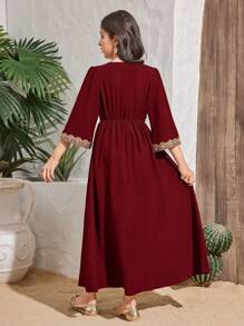 SHEIN Leap Crew Tween Girls' Elegant V-Neck Long Sleeve Dress - Red - View 2