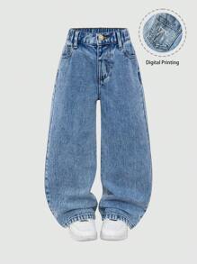 Young Girls Basic Casual Jeans, Wide Straight Leg, Comfortable Fashionable, Rhinestone Bow Decor On Back Pocket, Light Blue Wash