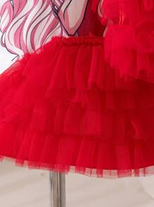 SHEIN Baby Girls' Cute 3D Net Mesh Dress With Cross-Body Bag, Spring & Summer - Red - View 5