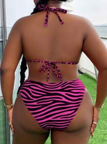 Slaydiva 2pcs 2025 Plus Size Women Summer Beach Striped Halter Tie Sexy Bikini Swimsuit Set - Hot Pink - View 2