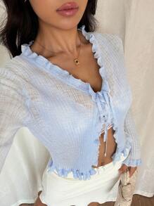 Elenzga Women Rib Knit Cardigan With Tie - Blue - View 4