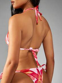 MISSGUIDED Floral Print Two-Piece Swimsuit Triangle Halter Top Tie Side Bottom Beachwear Tropical Summer Vacation Pool Party Bathing Suit Beach Bikini Set - Multicolor - View 6
