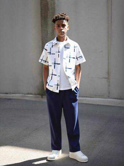 SHEIN Vacaura 2pcs Set: Teenage Boys Summer Cool Print Polo Collar Short Sleeve Casual Shirt And Straight Leg Outdoor Leisure Fashion Party Pants