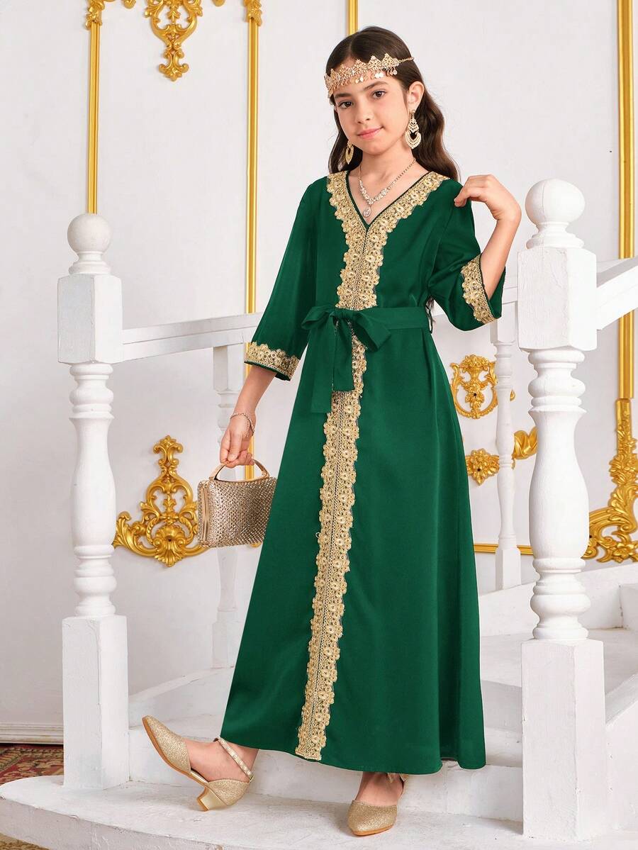 Tween Girl Middle Eastern Gold Thread Woven V-Neck 3/4 Sleeve Long Robe With Belt & Long Dress - Dark Green - View 1