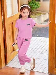 SHEIN 2pcs Young Girl Young Girl Set, Printed T-Shirt + Long Pants - Pink - View 3