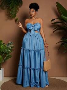 Maweii Conjunto de 2 piezas talla grande: Top bandeau y falda de unicolor