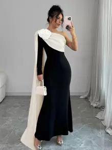 Elenzga Women Dress With Asymmetrical Open Shoulder & 3D Floral Design Maxi Women Outfit