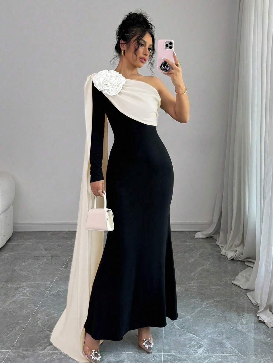 Elenzga Women Dress With Asymmetrical Open Shoulder & 3D Floral Design Maxi Women Outfit