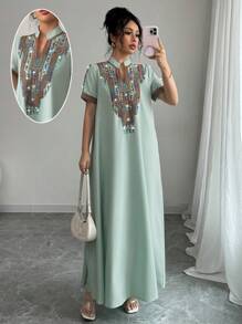 Rafferiza 女式撞色刺绣立领水钻装饰宽松长裙 - 綠色 - 查看 3