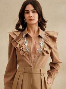 Anewsta Women's Elegant Modern Ruffle Trim Rhinestones & Beaded Detail Long Sleeve Blouse, Suitable For Spring, Summer, Holiday, Casual, Date Night, Festival, Going Out, Vacation - Khaki - View 4