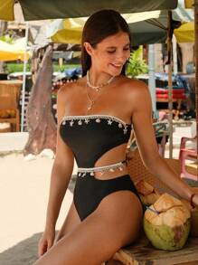 SHEIN Women's Summer Beach One-Piece Swimsuit With Strapless, Shell & Starfish Design, Solid Color
