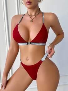 Conjunto de lencería para mujer con camiseta y pantalón, diseño minimalista, apto para el verano - Rojo - Ver 4