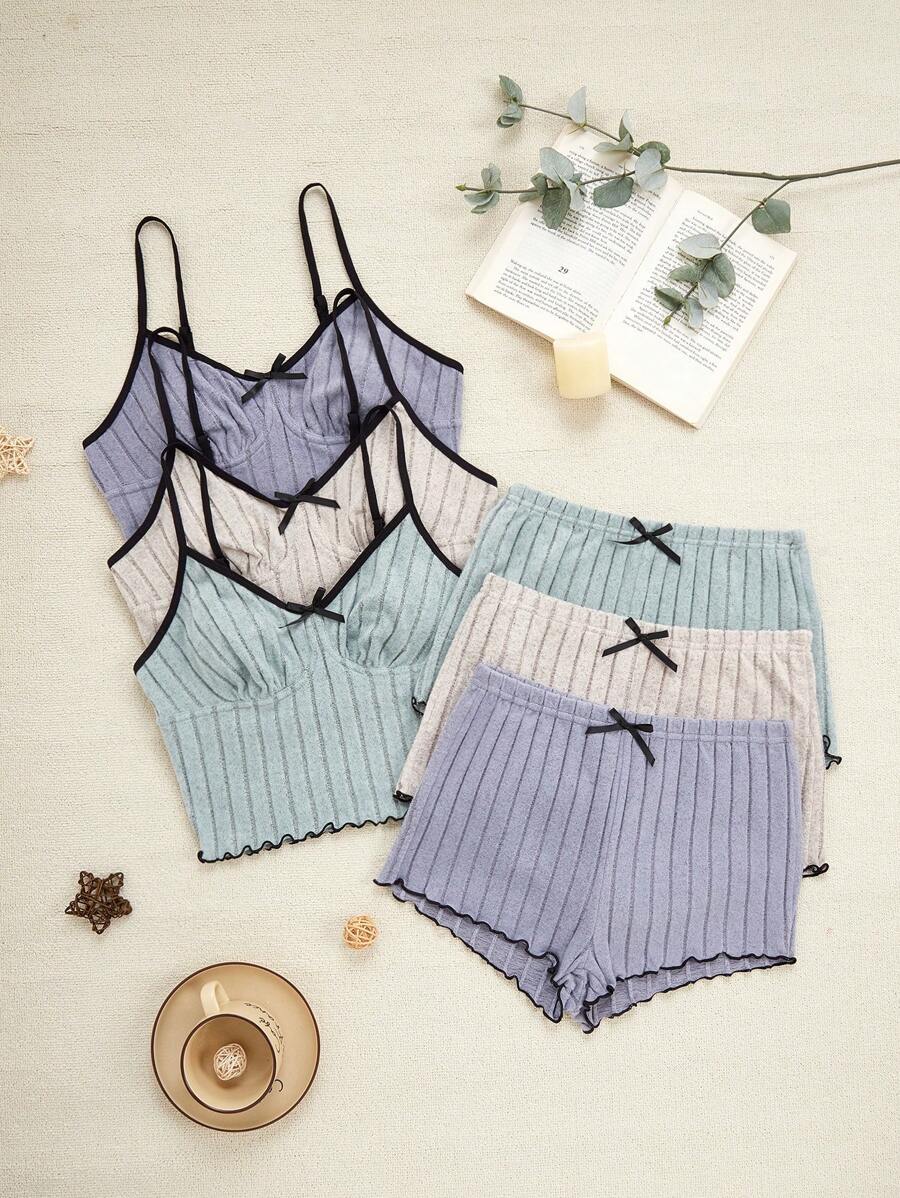 3pcs Set Casual Contrast Color Trim Cami Top & Shorts Pajama, Lounge Outfit - Multicolor - View 1