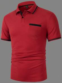 Manfinity Homme Chemise polo à manches courtes à blocs de couleurs décontractée et urbaine pour hommes - Rouge - Voir 4