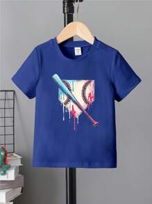 Camiseta de manga corta con cuello redondo y gráfico de béisbol azul para niño joven - Azul - Ver 2