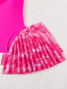 1pc Girls' Solid Ruffle Trim One-Piece Swimsuit With Mermaid Scale Print Skirt, Sibling Outfits Matching Sets (Sold Separately) - Multicolor - View 6