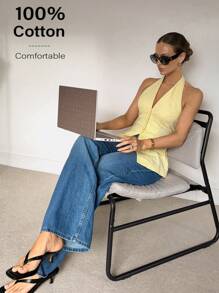 Siren Gaze 2025 年女士夏季服装：浅黄色亚麻挂脖背心 - 适合工作装和休闲时尚的无袖纽扣衬衫 - 黃色 - 查看 2