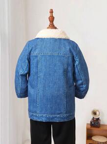 SHEIN 1 pieza Chaqueta de efecto denim con cuello forrado de lana térmica para niño, adecuada para otoño/invierno, uso al aire libre, calle y escuela