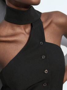 2025 Winter & Summer New Black Asymmetrical Cut Asymmetric Drape Neck Front Open Single-Breasted Women's Vest, Modern Elegant For Party, Urban Commute, Outing, Date, Party, Concert, Stage Performance, Brunch, Airport, Summer Holiday - Black - View 8