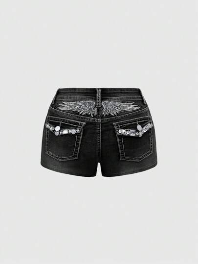 Grunge Punk Pantalones cortos de mezclilla con decoración de strass, bordado de alas, cintura baja y tiro bajo, estilo Y2K