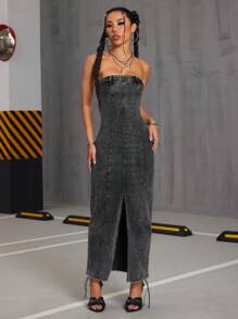 Jeanoix 女式束带长款牛仔连衣裙，水洗修身 - 灰色 - 查看 1