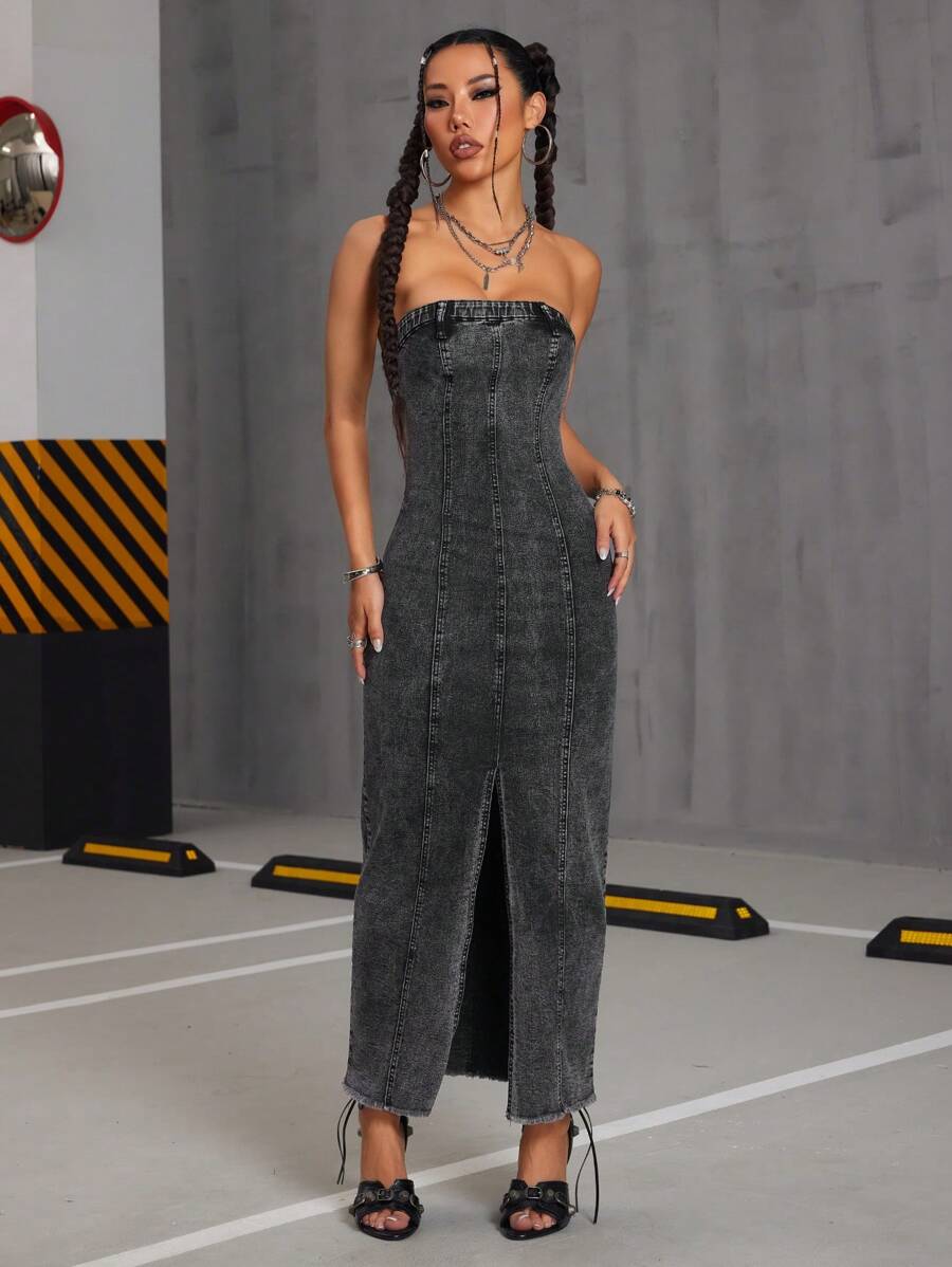 Jeanoix 女式束带长款牛仔连衣裙，水洗修身 - 灰色 - 查看 1