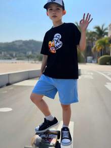 2pcs/Set Boys' Casual Round Neck Printed Top & Athletic Shorts, Cool Outfit For Summer - Black - View 1