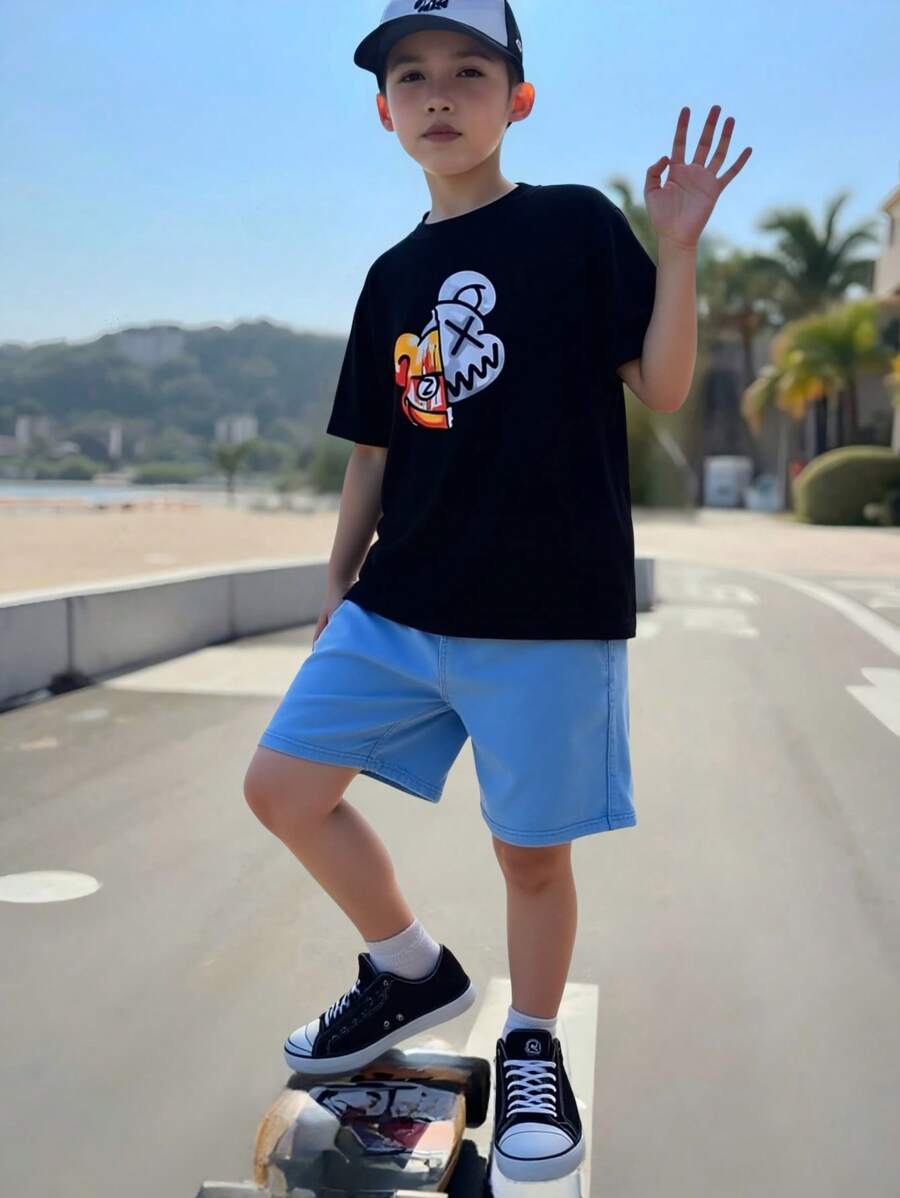 2pcs/Set Boys' Casual Round Neck Printed Top & Athletic Shorts, Cool Outfit For Summer - Black - View 1