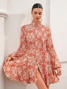 Aveloria Rosie Random Allover Print Belted Shirt Dress Vacation Outfits Woman  Boho Beach Fashionable Style All Over Print - Orange - View 6