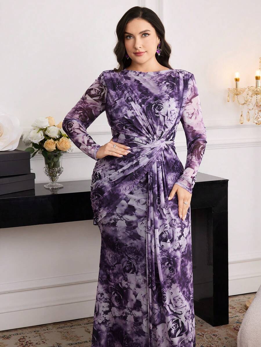 Modelyn 大码优雅花卉印花扭腰连衣裙 - 紫色 - 查看 1