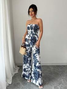Elenzga 女式印花抹胸连体裤，腰部收褶，喇叭腿，优雅度假和工作服连体裤 - 藍白色 - 查看 4