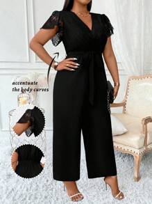 SHEIN Clasi Große Größen Damen Sonnenblumen Spitze Patchwork Taillengegürteter Jumpsuit mit weiten Beinen