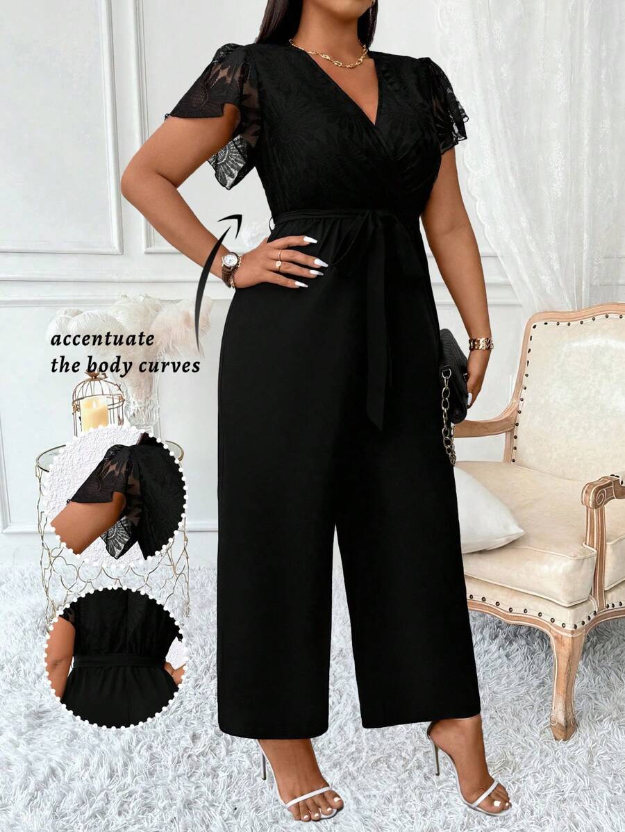 SHEIN Clasi Große Größen Damen Sonnenblumen Spitze Patchwork Taillengegürteter Jumpsuit mit weiten Beinen