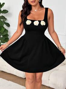 Flirla Plus Size Women Solid Color Camisole Dress, Simple & Fashionable, Suitable For Summer - Black - View 3