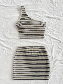 Soleia 2 pezzi/set nuovo top a una spalla a righe lavorato a maglia e gonna a vita bassa da vacanza